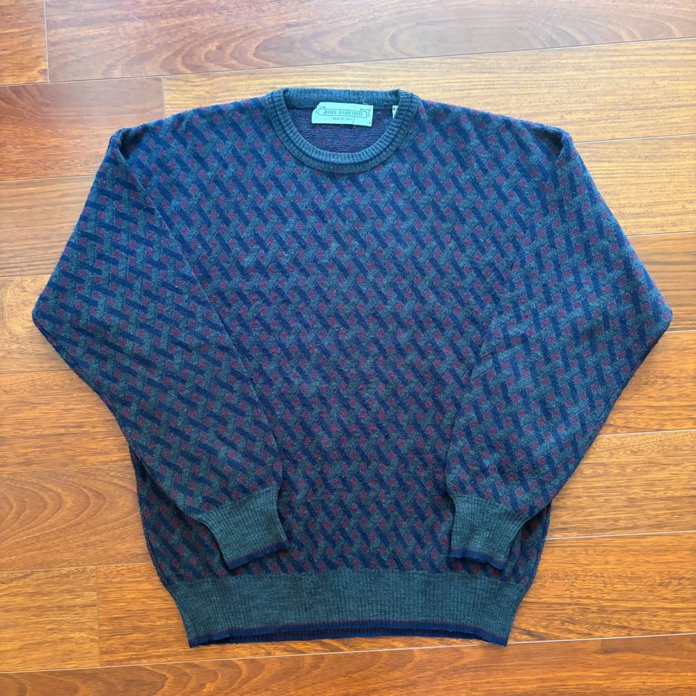 John Ashford Mens Sweater Large Blue Burgundy Geometric Knit Wool Blend Italy